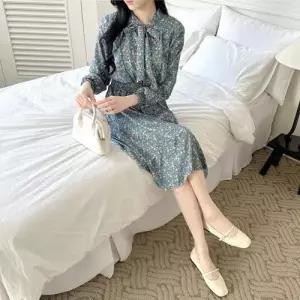 패턴 원피스 플라워 프릴 긴팔 쉬폰 봄가을 롱스커트 WEE8EA0