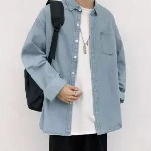 여름용 남녀공용 데님 포켓 긴팔 셔츠 오버핏 청남방