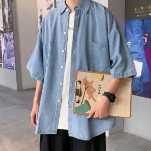 [골드스마일]남성용 여름 오버핏 데님 반팔 셔츠 데일리 캐주얼 남방