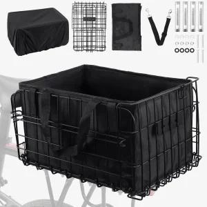 오멘타르 자전거 바구니 후면 라이너 백이 있는 접이식 방수 커버 및 카고 네트 개 반려동물 과일 식료품을