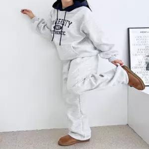 여성 겨울 기모 레터링 배색 후드티 와이드팬츠 세트
