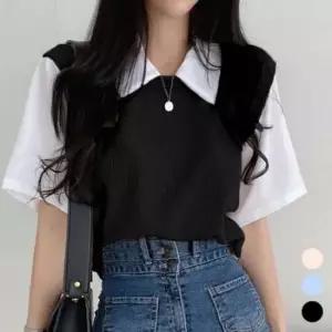 레이디스 드레스셔츠 스타일 스웨터 슬리브리스탑 코디레이어드 룩숏슬리브 티