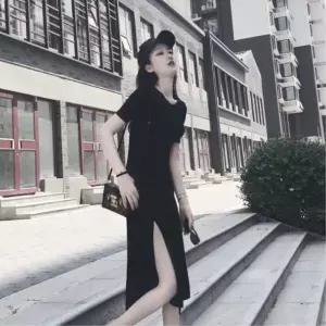 맘등원룩 옆트임 A라인 블랙컬러 반팔기장 롱원피스/ 스트릿패션 꾸안꾸 홈드레스