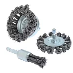 FPPO 3PCS 3인치 매듭 와이어 휠 컵 브러시 및 트위스트 엔드 세트 드릴용 1/4인치 생크 녹 제거 부식