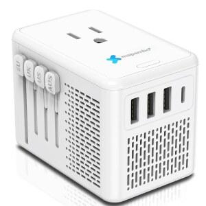 고속 충전 기능을 갖춘 헤어 드라이어 220V~110V 컨버터용 업그레이드된 전압 변환기 - 프랑스 독일용 USB-A 3개 + USB-C 범용 여행 어댑터 1개를 갖춘 컴팩트 여행 설계 (흰색)