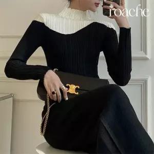 [로아체] 배색 플리츠 니트 슬림 모크넥 반목 골지 상의 메르플리츠니트티 CH-165