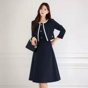 [시크라인] 모니 레이어드 배색 자켓 플레어 원피스