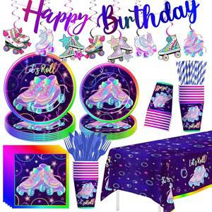 스루아 돈 롤러스케이트 파티 장식, 생일 용품, 종이 접시, 냅킨, 컵, 식탁보, 배너, 걸이, 렛츠 롤 스케이트 테이블 24인분 제공