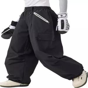 GSOU 스노우 여성 남성 배기 스키 팬츠 루즈 스노보드 보온 방수 방풍 아웃도어 스포츠 블랙