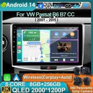 폭스바겐 VW 파사트 B6 B7 CC 2007-2015 용 안드로이드 14, 2K QLED 자동차 라디오 멀티미디어 비디오 플레