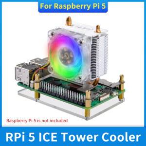 Raspberry Pi 5 ICE 타워 쿨러 순수 구리 히트 파이프 C 라디에이터 RGB LED 라이트 4cm 냉각 선풍기 RPi 용 방열