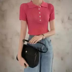 여성 트리아세테이트 슬림 골지 반팔 니트웨어