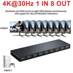 4K@30Hz 1x8 HDMI 분배기 1 In 8 Out 비디오 변환기 PS4 Xbox 카메라 PC-TV 모니터 용 멀티 스크린 디스플