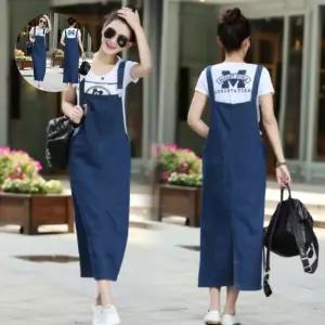 (제스트)린넨원피스 롱 청청셋업 리스트원피스 멜빵치마 데님