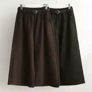 여성 기모 와이드 핀턱 9부 밴딩 바지 꽈배기 벨트 겨울용