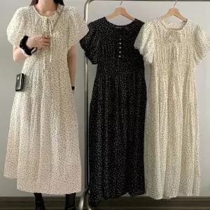 여자 폴리 도트 퍼프소매 루즈핏 미디원피스