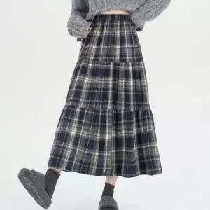 여성 체크 밴딩 캉캉 롱스커트 1P A라인 주름 긴치마 여자롱스커트