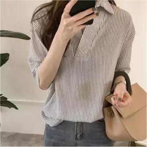 여자 여름 카라 7부 스트라이프셔츠 남방 오피스룩