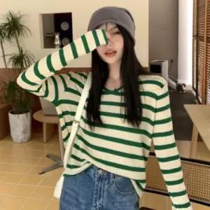 여성 브이넥 스트라이프 티 셔츠 가을 단가라 긴팔 니트