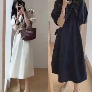 여자 데일리 5컬러 반팔 하객룩 롱원피스 퍼프소매 여름 꾸안꾸