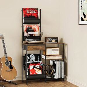 300장의 앨범을 보관할 수 있는 비닐 스토리지가 웰퓨처 레코드 플레이어 스탠드 서랍식 4단 홀더 디스플레이 선반 및 앨범, 책, 스피커용 사이드 스토리지 랙 테이블