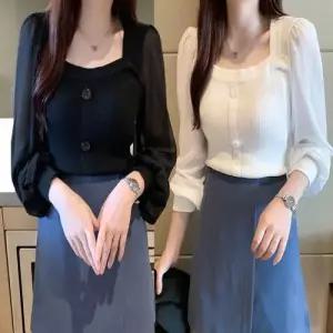 블라우스 쉬폰소매 니트 골지 어깨 스퀘어넥 퍼프 WFLPTMR