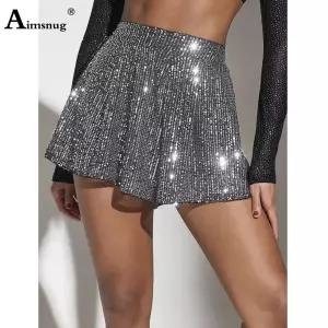 여성 스팽글 반바지 댄스의상 반짝이 핫팬츠 클럽룩 파티룩 무대의상 2025 패션 하이 컷 짧은 스커트 실버