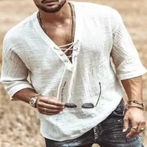 남성 코튼 린넨 셔츠 패션 소매 단색 반팔티 라운드 상의 통풍