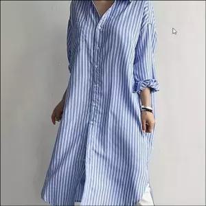 고품질 여자 세련된 스트라이프 롱 셔츠 루즈핏 남방 원피스 (WFKKQ08)