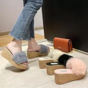 7cm 유니크 웨지힐 퍼라이닝홈슬리퍼 오피스용 미감 룸슈즈 (4 color)