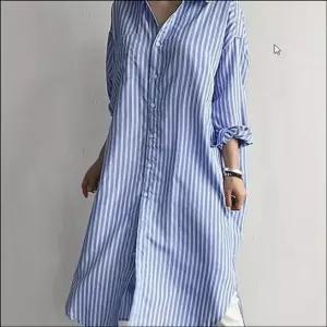 여자 세련된 스트라이프 롱 셔츠 루즈핏 남방 원피스 (WFKKQ08)