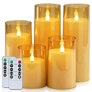 홈모리 앰버 깜빡이는 불꽃 없는 양초, 리모컨과 타이머가 있는 배터리 작동 아크릴 LED 기둥 가을 5개 세트