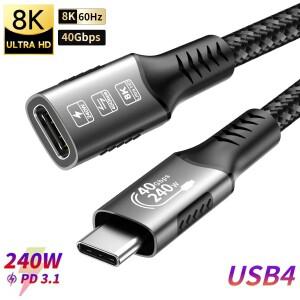 썬더볼트 4용 연장 케이블 40Gbps USB4 데이터 전송 8K@60Hz 타입-C PD240W 고속 충전 전화기 태블릿용