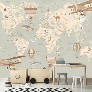 AFZEVEB-Vintage 동물 벽지 항공기 지도 방 114인치 x74 (껍질과 막대기 아님) 벽화