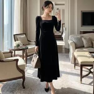 여자 가을겨울 벨벳 스퀘어넥 우아한 롱원피스
