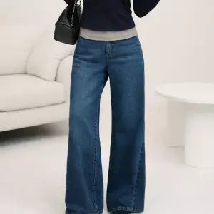 히든 밴딩 하이웨스트 와이드 절개 데님팬츠 중청 다리가 길어보이는 디자인