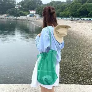 더블 메쉬 숄더백 그린 망사 비치백 물놀이가방 모래 망사 물놀이가방 여름가방