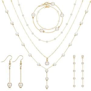 여성용 Quelay 9pcs 골드 진주 주얼리 세트에는 금 도금 목걸이, 드롭 귀걸이, 결혼식 신부 선물용 팔찌가 포함되어 있습니다