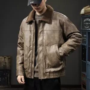 남성 심플데일리룩 항공 점퍼 추동 빈티지 칼라 PU가죽 패딩 오리털 보온 코트 라이더 재킷 붐 OOTD4