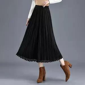 호빵걸 여자 키작녀 쉬폰 스커트 레이스 핀턱 추동 중기장 A라인 벨벳 플리츠 꾹4