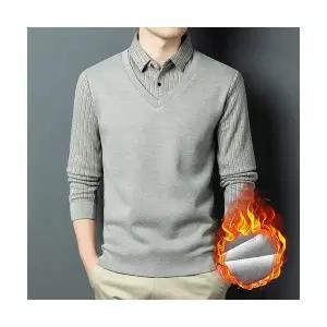 남성 칼라넥 가짜 투피스 숄칼라 겨울 기모 스트라이프 니트 상의 도톰 OP4