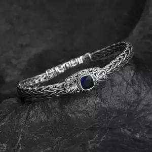 사파이어 하트 은 원석 남자 은팔찌 팔찌 체인 커플 여자 실버