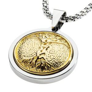 게슈탈트 쿠튀르 독특한 텅스텐 메달리온 목걸이. 18kt 금 도금이 된 스테인리스 스틸 생명의 나무 인레이.