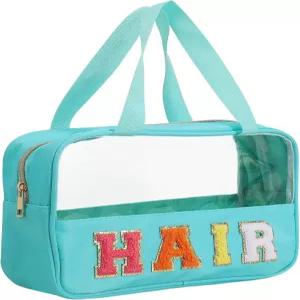 샤닐 레터 패치 클리어 백 손잡이가 있는 프레피 다목적 PVC 나일론 메이크업 대형 여행용 화장품 보관