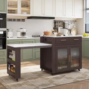 확장 가능한 식탁이 있는 HLR 키친 아일랜드 전원 콘센트가 마블 그레인 조리대 수납장이 바퀴 달린 롤링