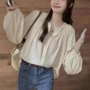 여성용 루즈핏 크림색 벌룬소매 블라우스