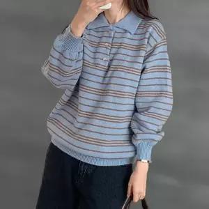 여성 배색 스트라이프 카라넥 퍼프 오버사이즈 가을 니트