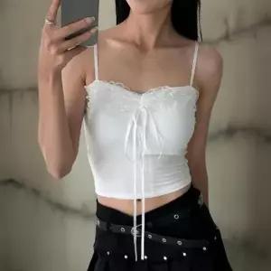 여성용 페스티벌 레이스 리본 크롭 슬림 나시