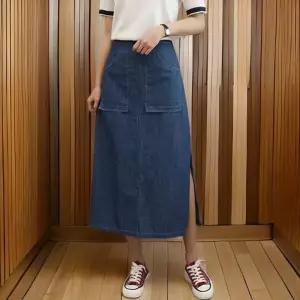 여성 뒷밴딩 사이드트임 린넨 데님 롱스커트