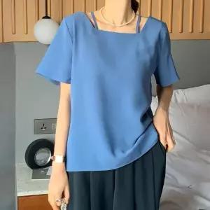 끈나시 스퀘어넥 반소매 통일자 반팔블라우스 흰색